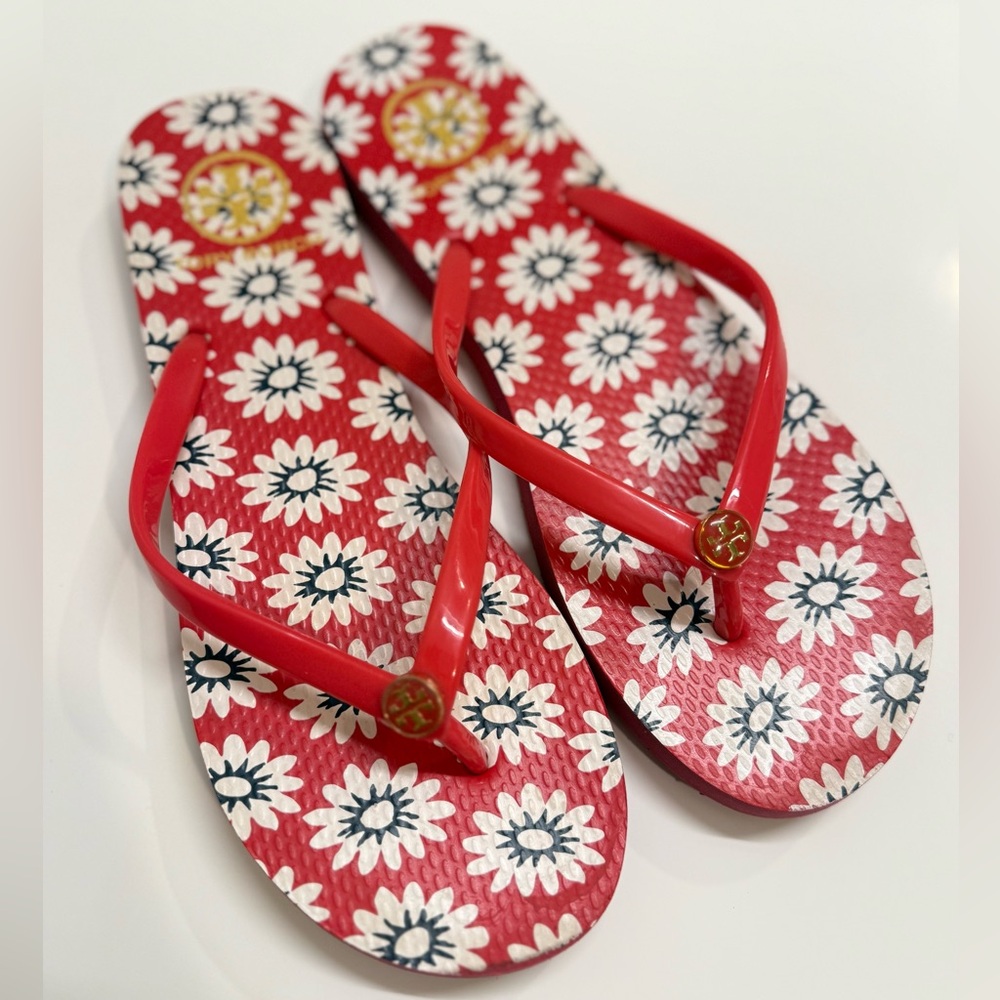 Tory Burch Red Nantucket Daisy Floral‎ Flip Flop Sandals Size 9